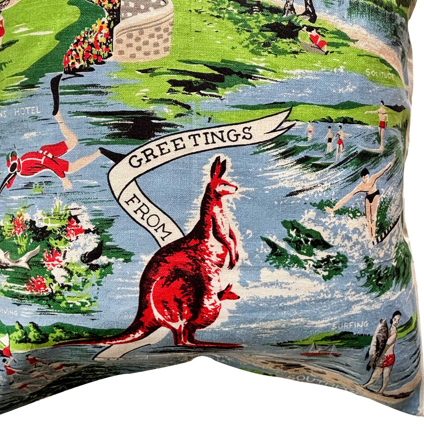 Detail from Decorative repurposed vintage linen teatowel cushion cover, with a kangaroo design and scenic text, featuring a colourful illustrations of gold coast scenes, on white background.