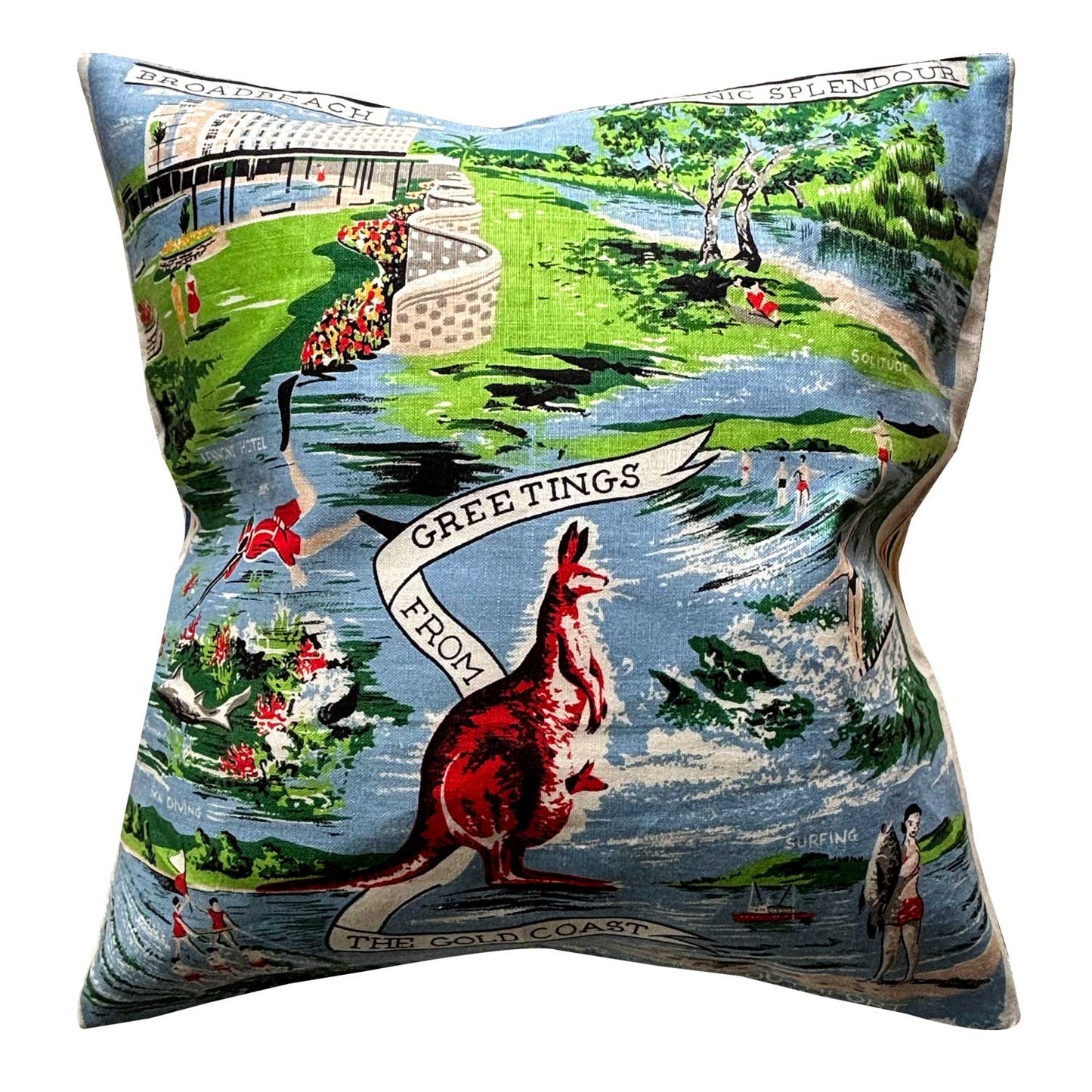 Decorative repurposed vintage linen teatowel cushion cover, with a kangaroo design and scenic text, featuring a colourful illustrations of gold coast scenes, on white background.