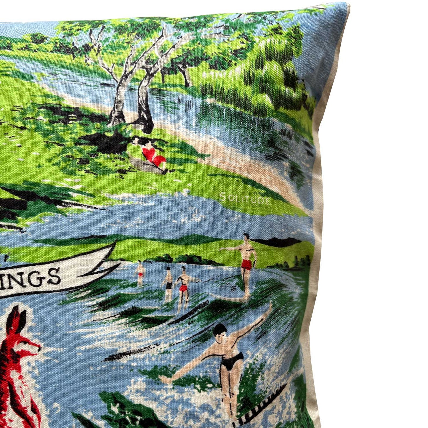 Detail from Decorative repurposed vintage linen teatowel cushion cover, with a kangaroo design and scenic text, featuring a colourful illustrations of gold coast scenes, on white background.