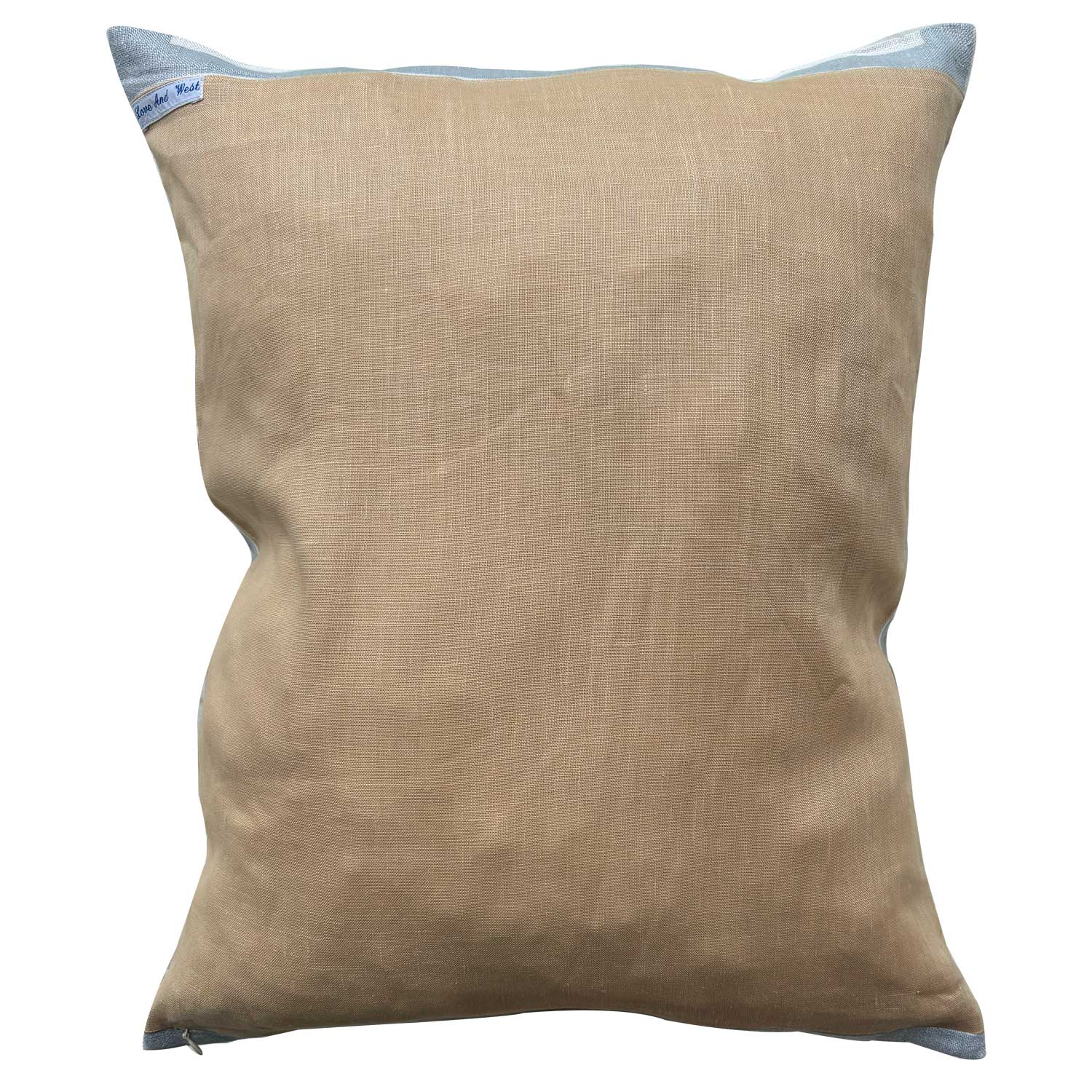 Pale pink linen reverse of decorative pillow with budgies design on a pastel grey background. photographed on white background for Love And West