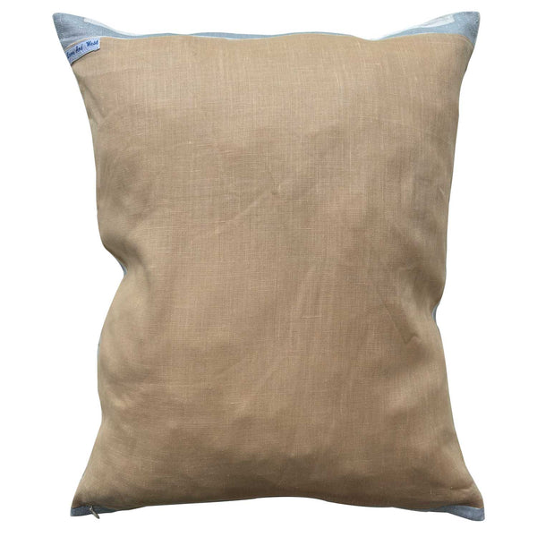 Pale pink linen reverse of decorative pillow with budgies design on a pastel grey background. photographed on white background for Love And West