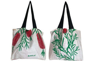 Vintage linen teatowel tote bag featuring callistemon bottle brush screenprint photographed on white background