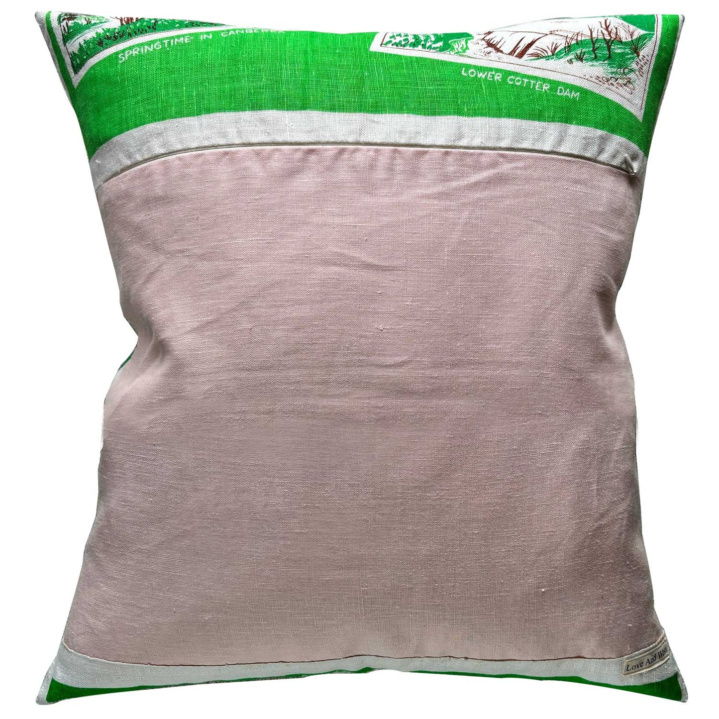Canberra souvenir teatowel cushion cover blush linen reverse, on white background