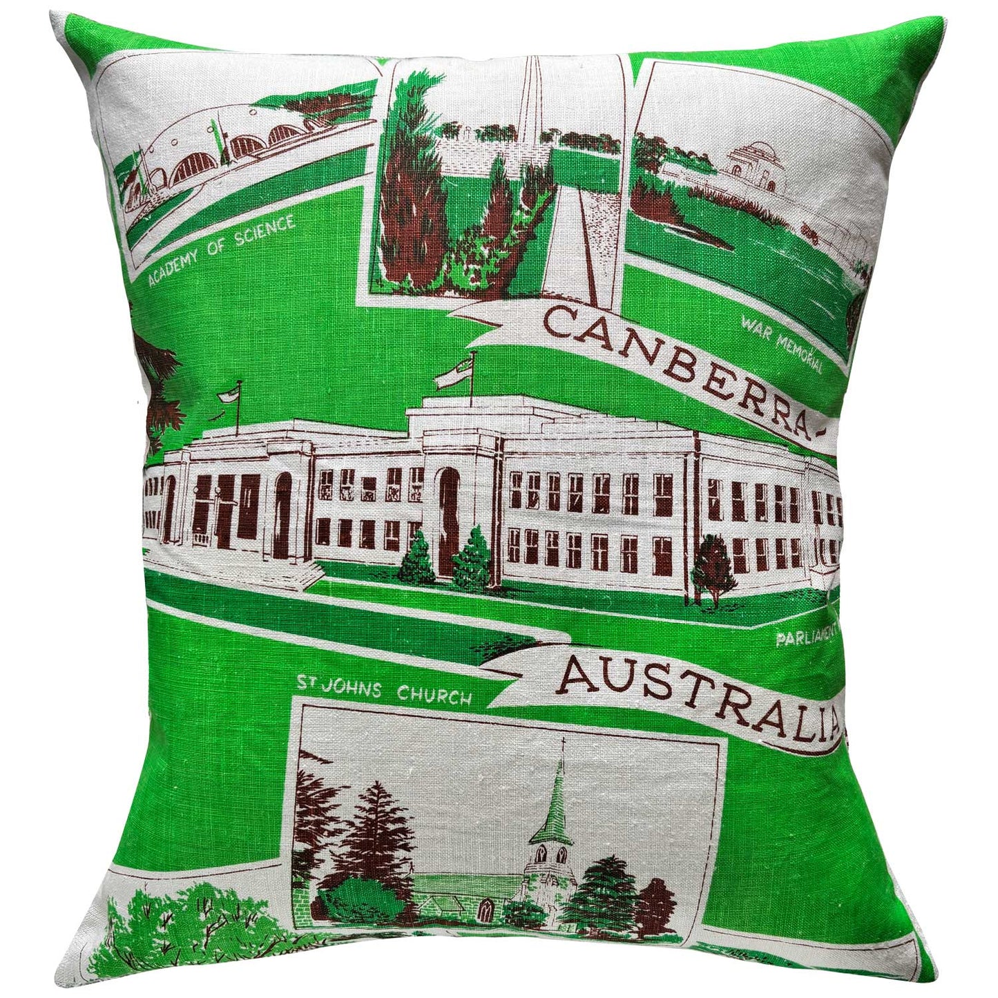 Canberra souvenir teatowel cushion cover on white background
