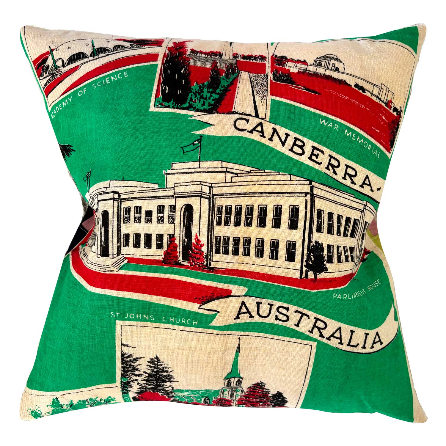Decorative pillow with images of Canberra, Australia on a green background, on white