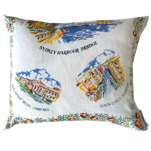 Australian capital cities vintage linen teatowel cushion cover on white background