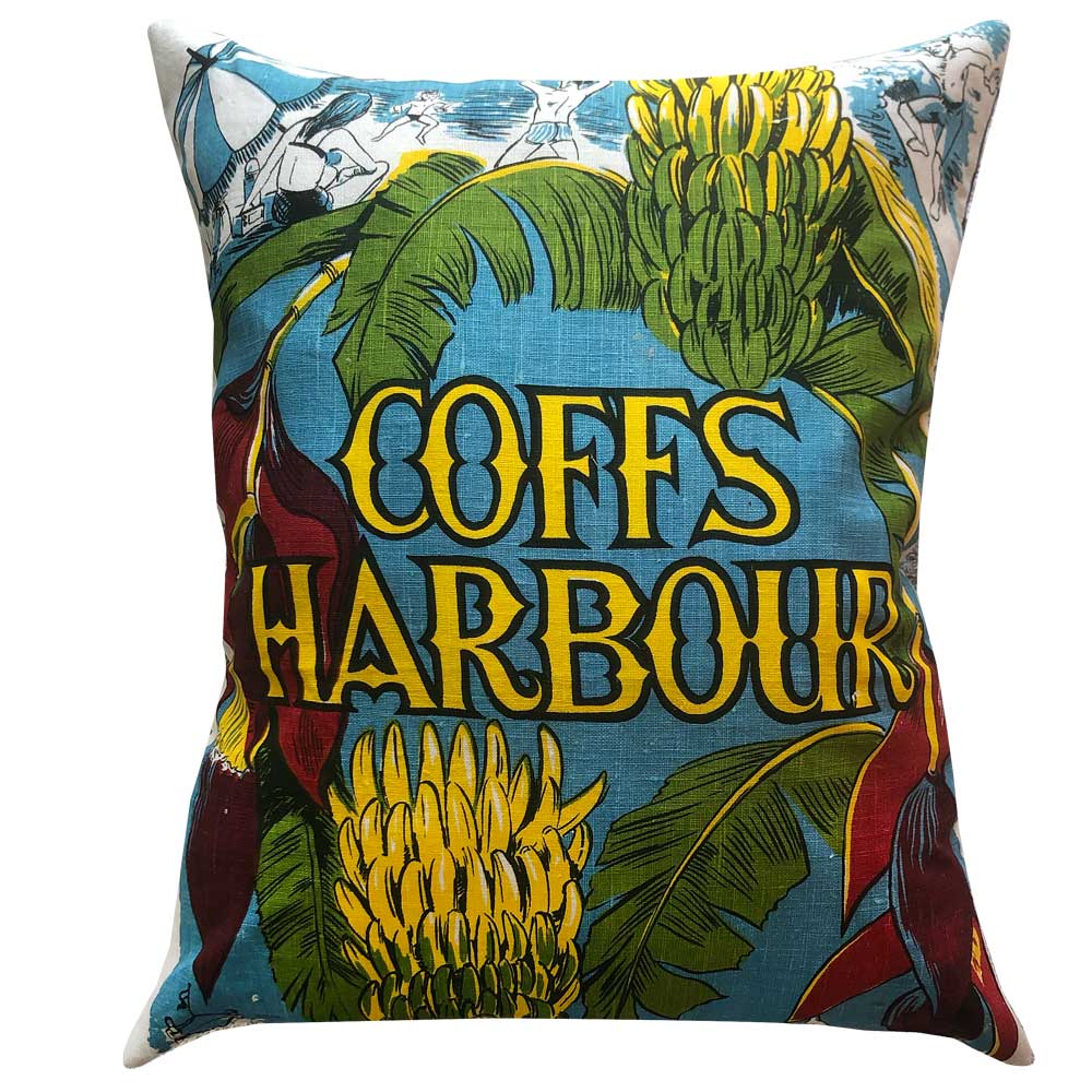 Coffs Harbour vintage linen teatowel cushion cover on white background