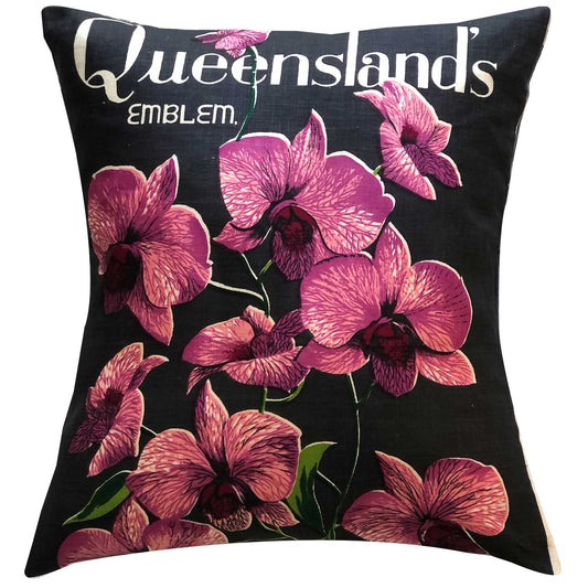 Cooktown orchid vintage teatowel cushion cover on white background