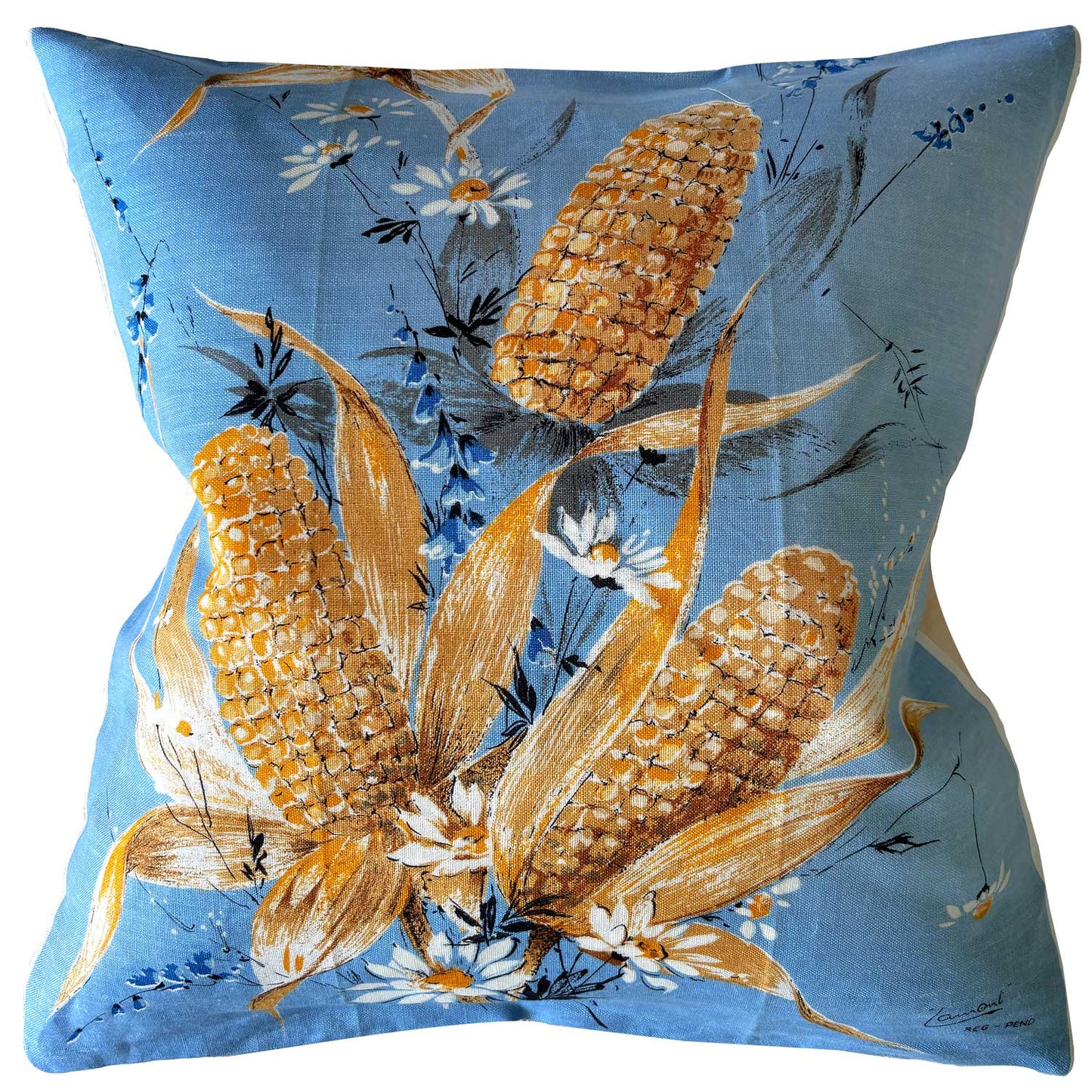 Pale blue and ears of corn vintage linen cushion cover on white background