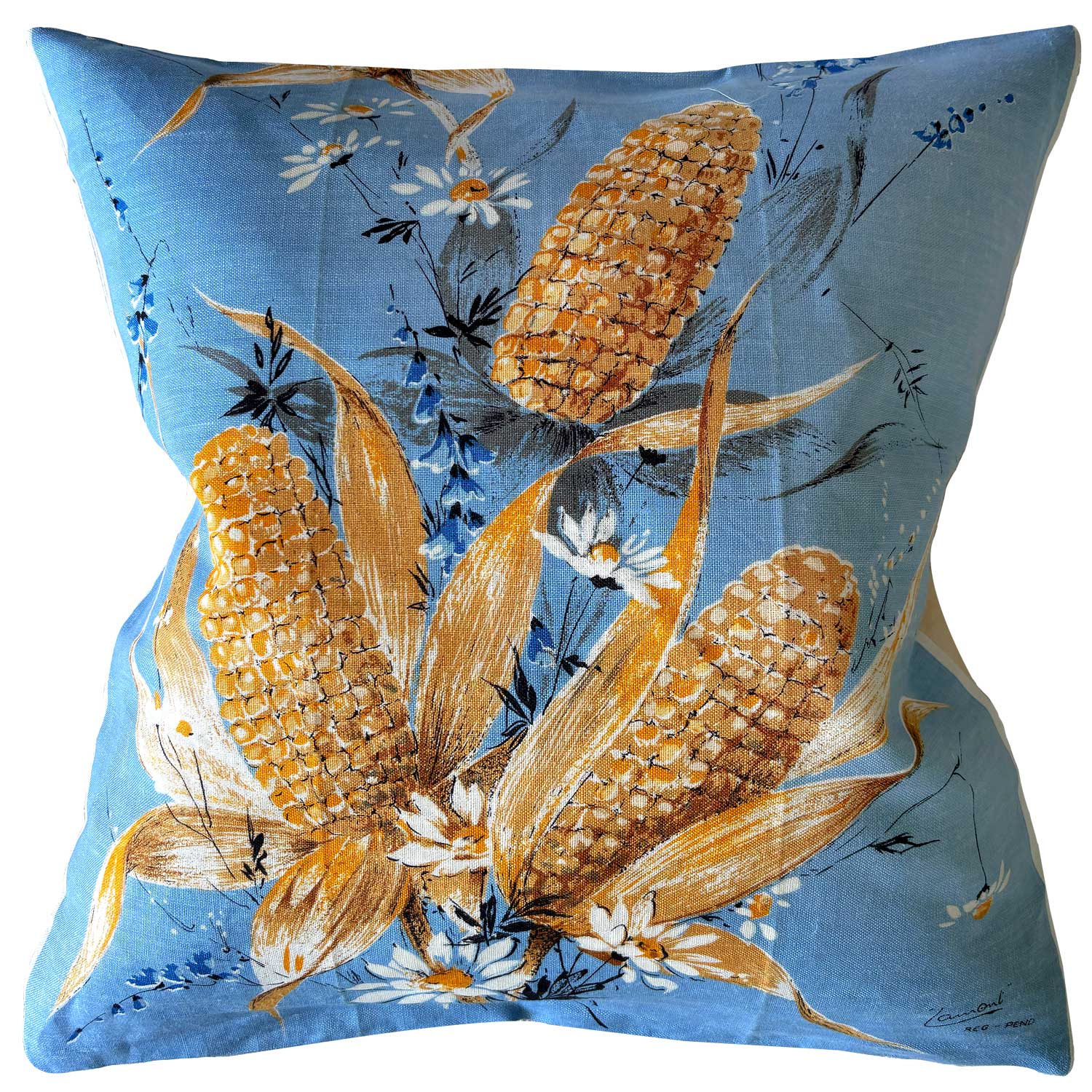 Pale blue and ears of corn vintage linen cushion cover on white background