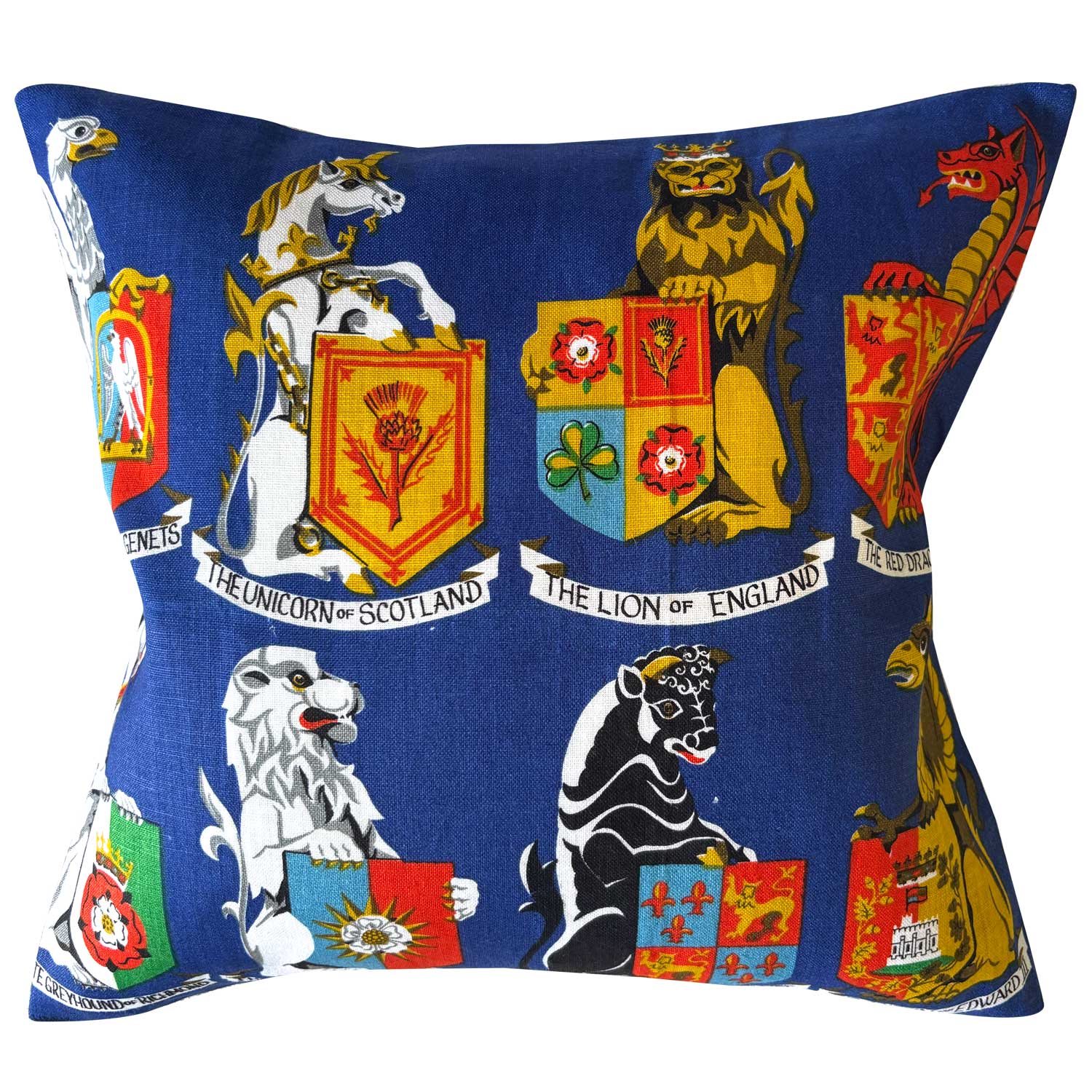 Crests of the United Kingdom vintage teatowel cushion cover on white background
