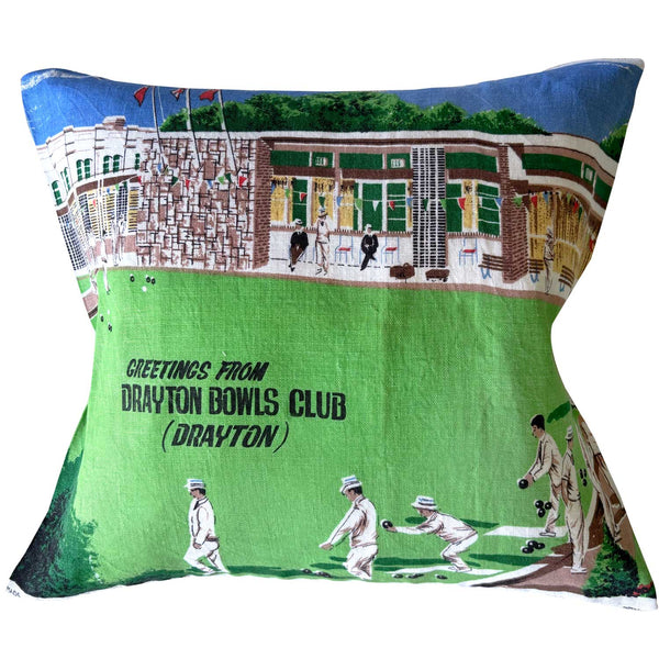 Decorative vintage linen teatowel pillow  'Greetings from Drayton Bowls Club (Drayton)' on white background