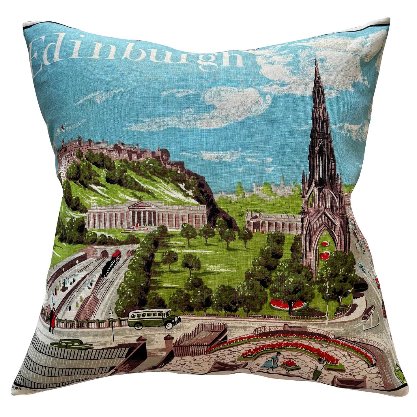 Decorative vintage teatowel pillow with a scenic illustration of Edinburgh featuring notable landmarks on white background