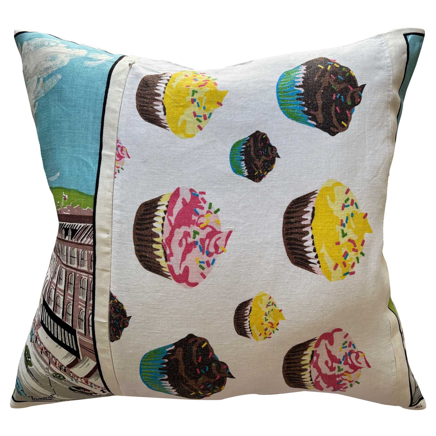Decorative vintage teatowel pillow with a scenic illustration of Edinburgh featuring notable landmarks on white background