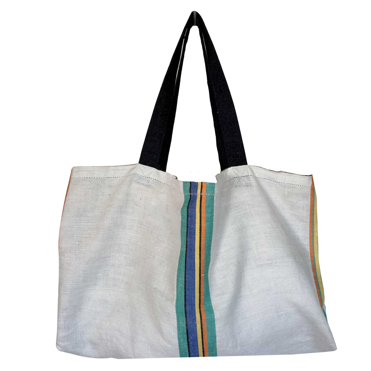 Tote bag made from antique linen teatowel with a hand-embroidered design of saucers, featuring denim handles.