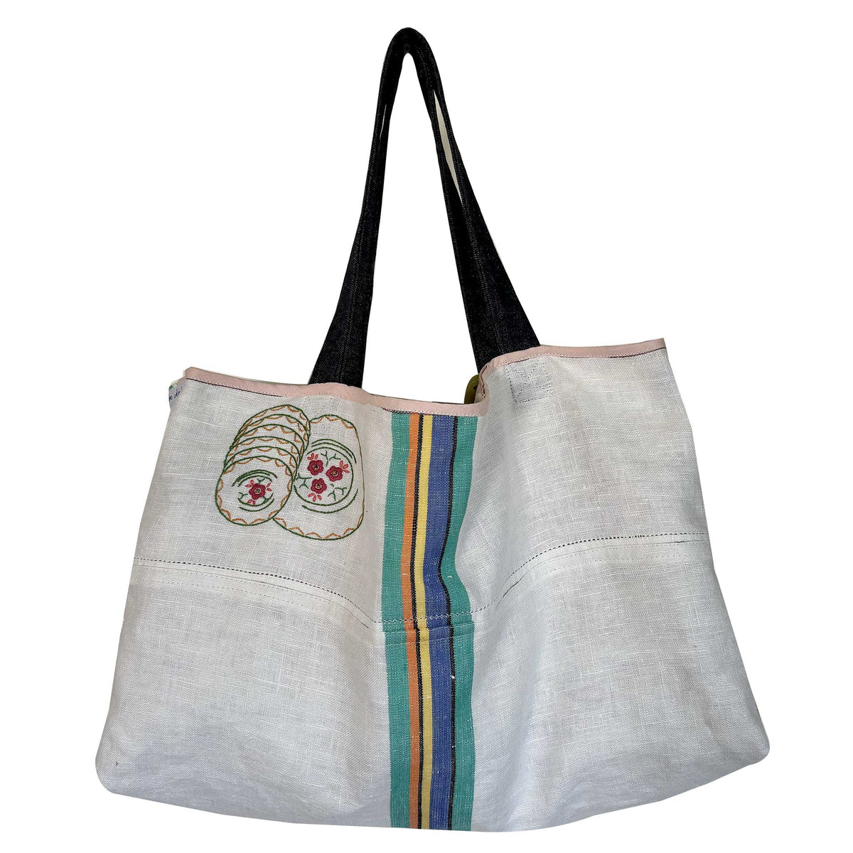 Tote bag made from antique linen teatowel with a hand-embroidered design of saucers, featuring denim handles.
