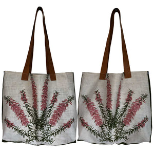 Pink heath flowers on linen teatowel tote with leather handles on white background for loveandwest