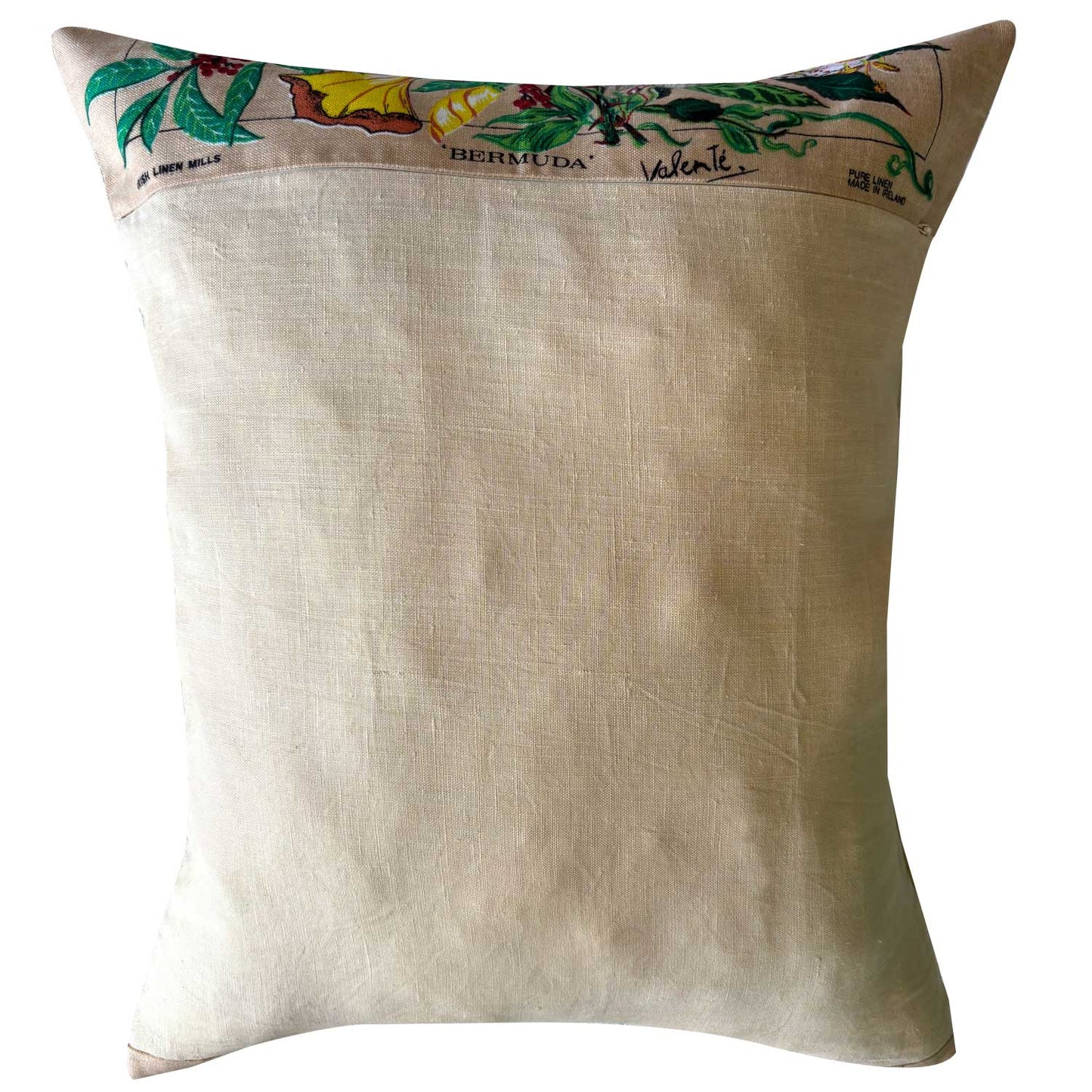 Flowers of Bermuda vintage teatowel cushion cover reverse, photographed on white background