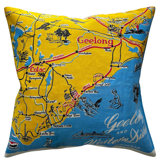 Geelong Map pillow with illustrations and text on a yellow and blue background on white