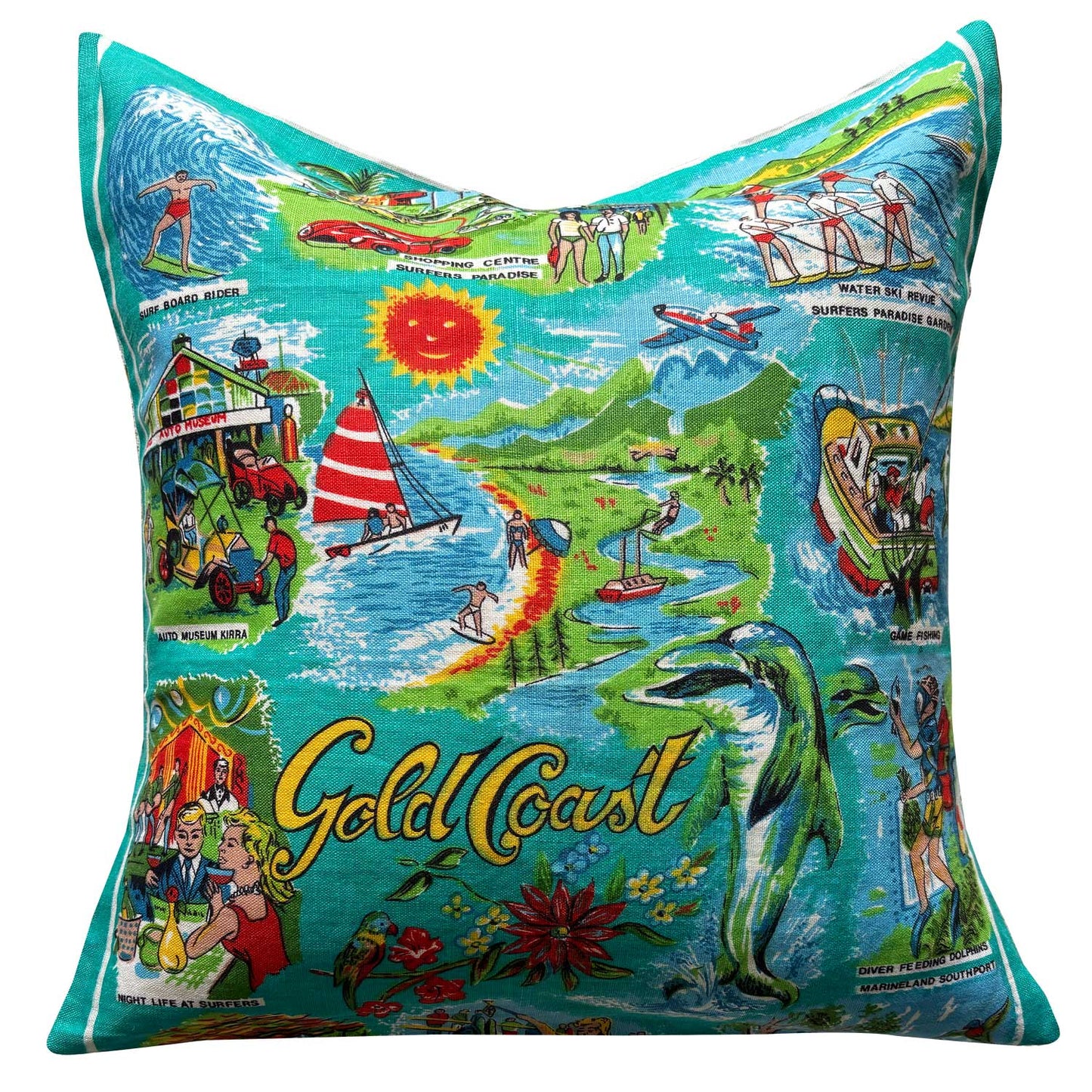 Gold Coast vintage linen souvenir teatowel cushion cover on white background
