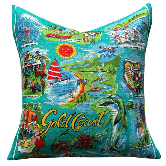 Gold Coast vintage linen souvenir teatowel cushion cover on white background