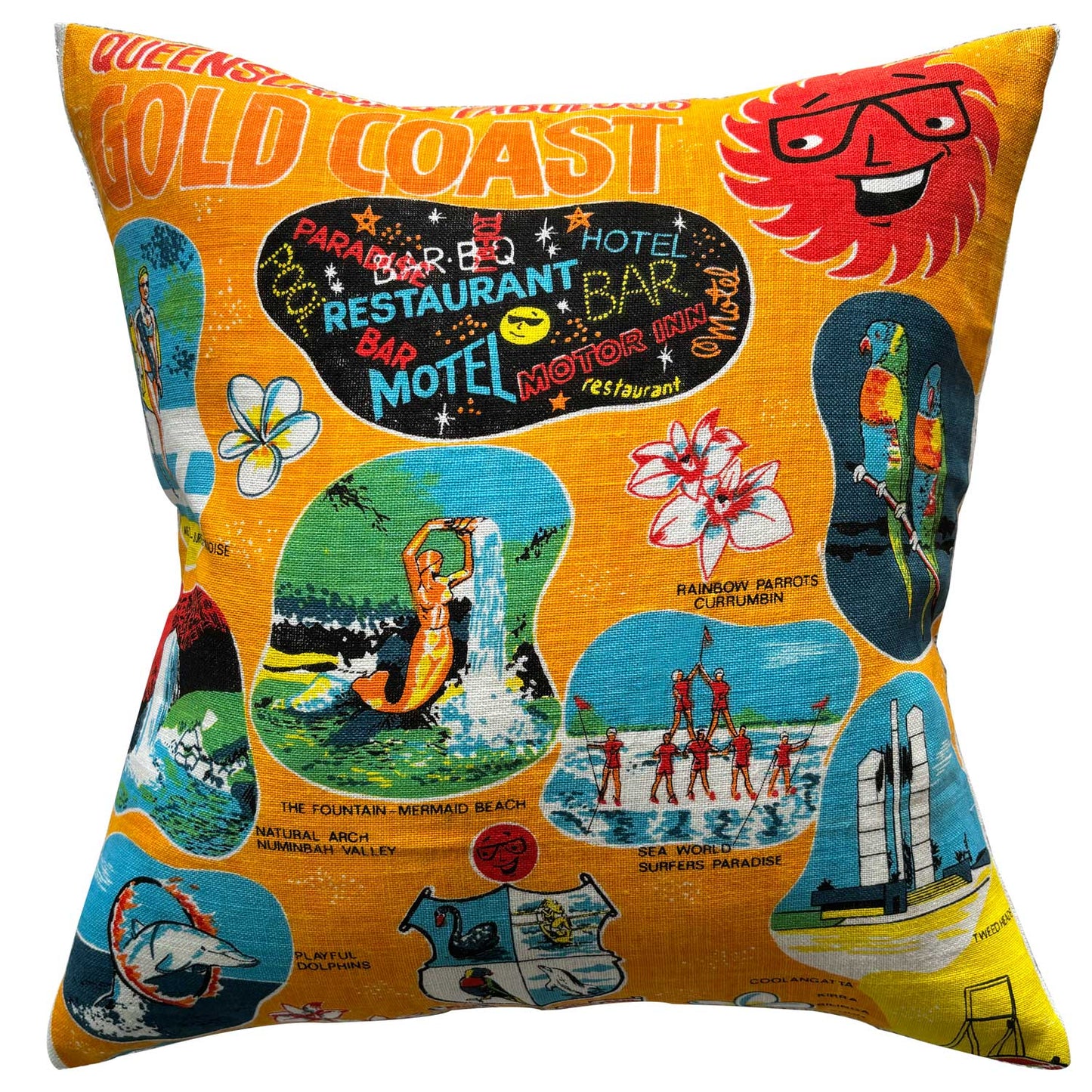 Colourful gold coast vintage teatowel cushion cover on white background