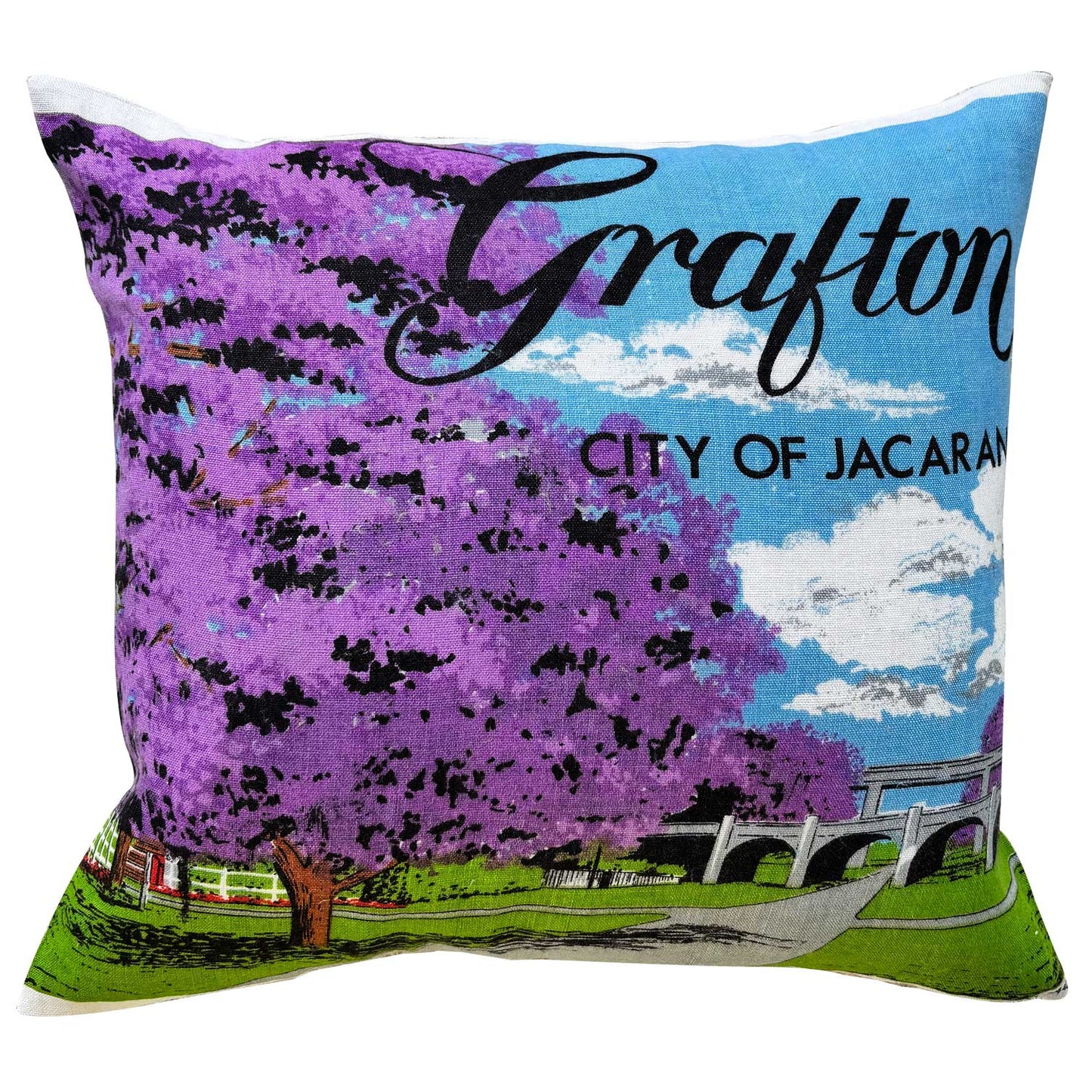 Grafton souvenir teatowel cushion cover on white background