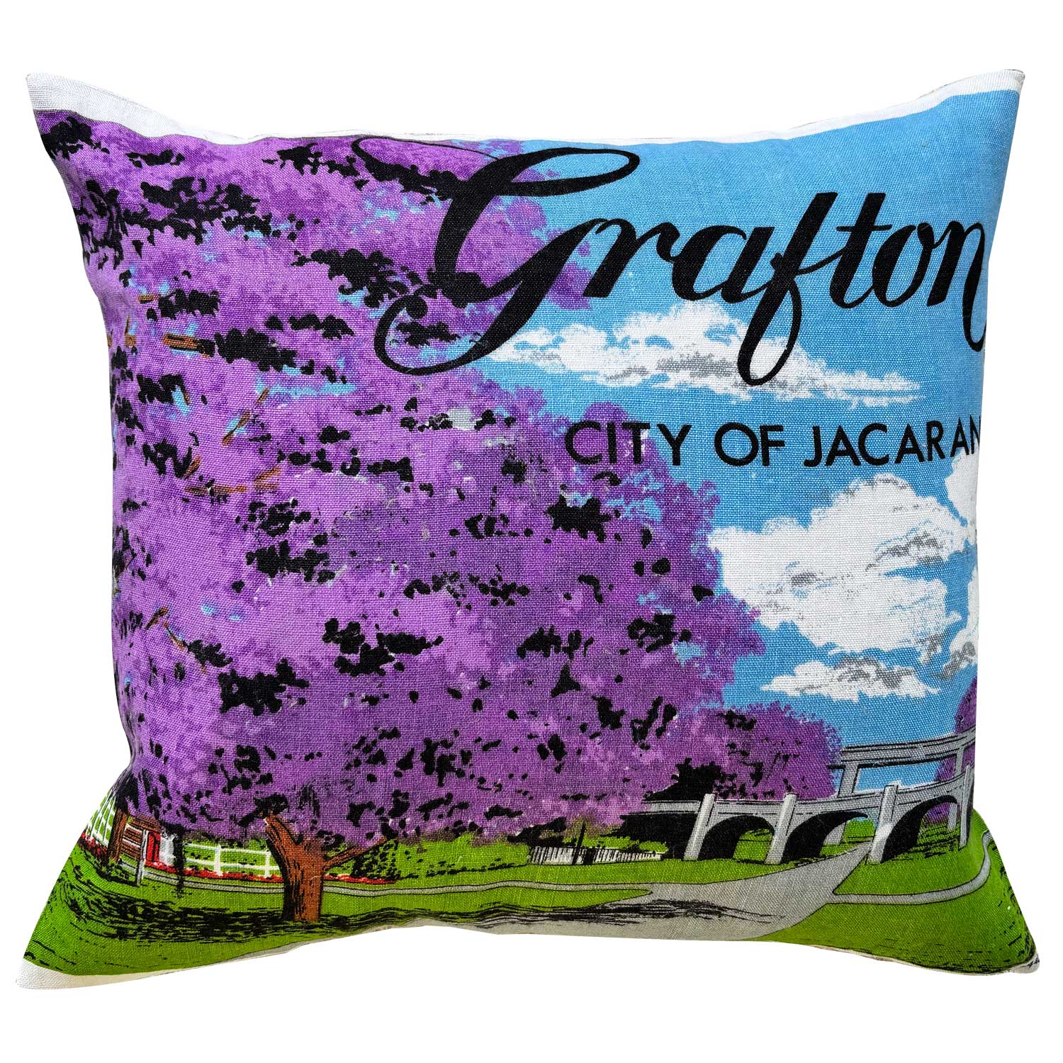 Grafton souvenir teatowel cushion cover on white background