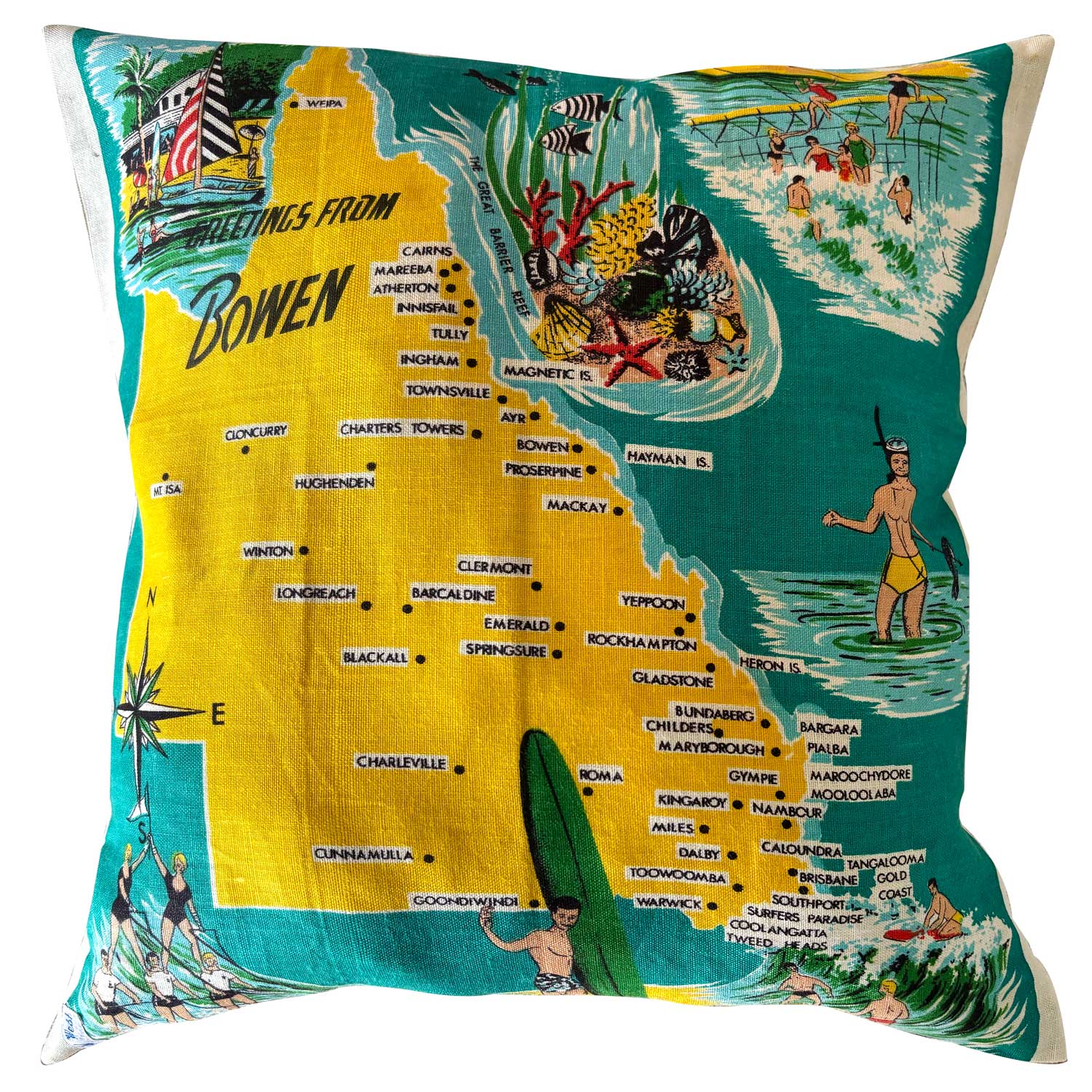 Greetings from Bowen vintage linen teatowel cushion cover on white background