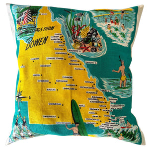 Greetings from Bowen vintage linen teatowel cushion cover on white background