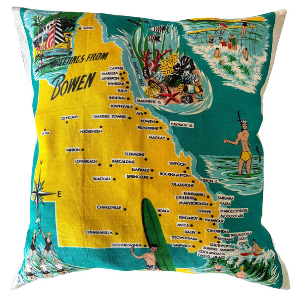 Greetings from Bowen vintage linen teatowel cushion cover on white background