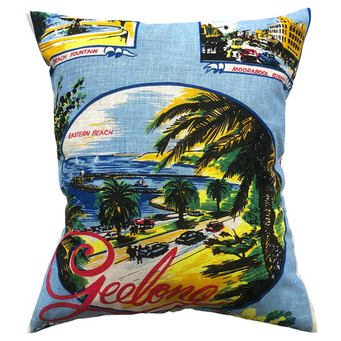 Geelong souvenir linen teatowel cushion cover photographed on white background 