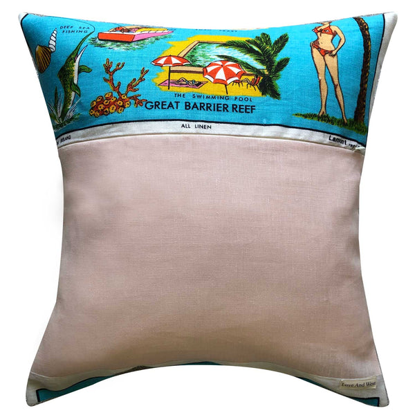 Hayman island vintage linen souvenir teatowel cushion cover reverse on white background for LOve And West