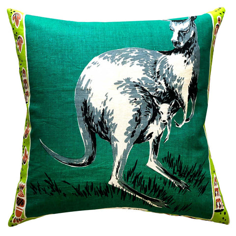 Kangaroo vintage linen teatowel cushion cover on white background