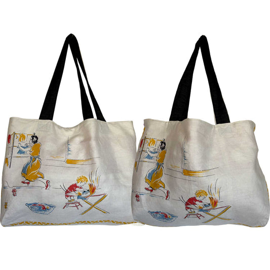 MCM vintage linen teatowel tote on white background