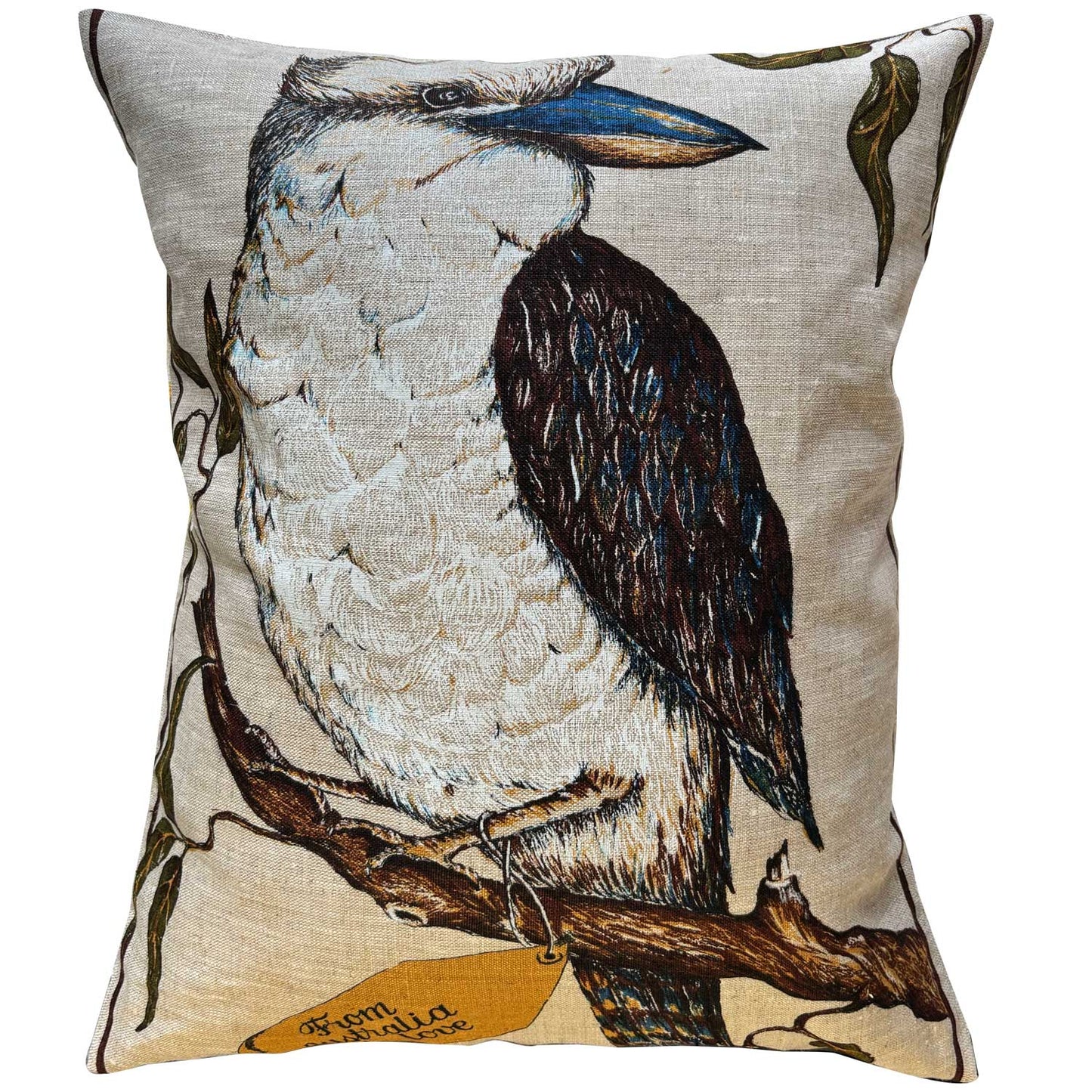 Kookaburra vintage teatowel cushion cover on white background