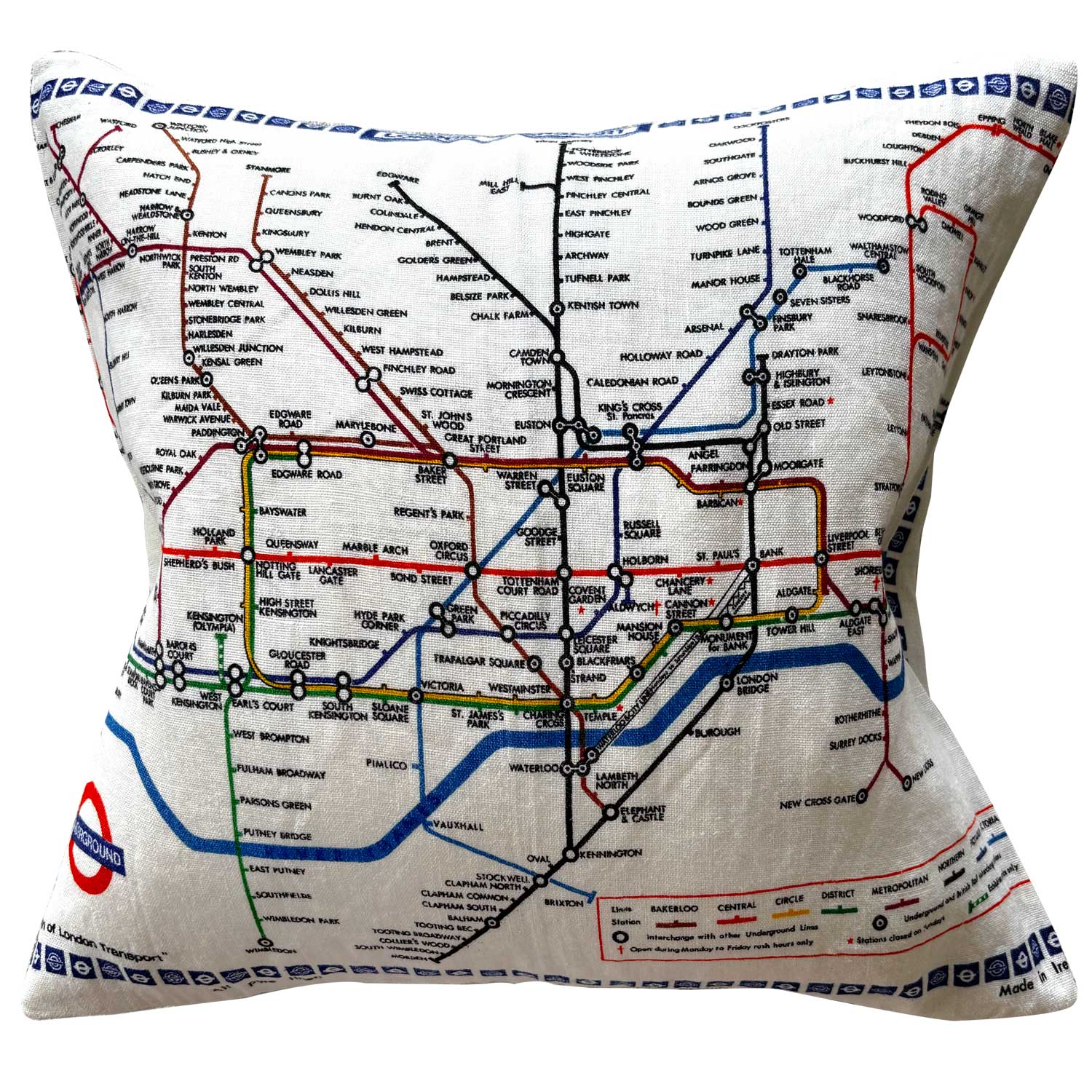 London underground Tube Map vintage teatowel cushion cover o nwhite background