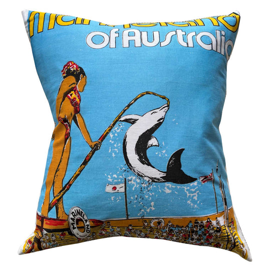 Vintage surfers paradise marine land teatowel cushion cover on white background
