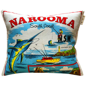 Greetings from Narooma South Coast NSW teatowel cushion cover on white background for Love And West