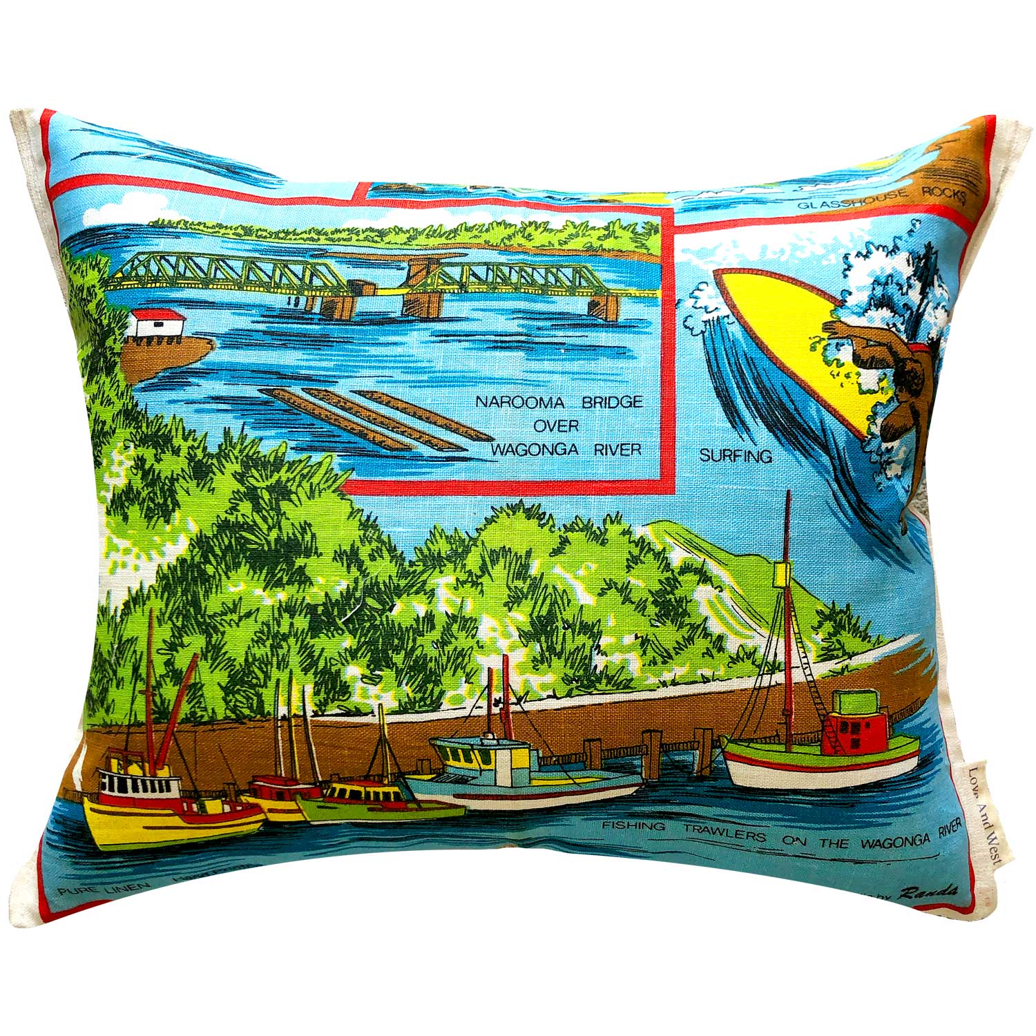 Greetings from Narooma South Coast NSW teatowel cushion cover on white background for Love And West