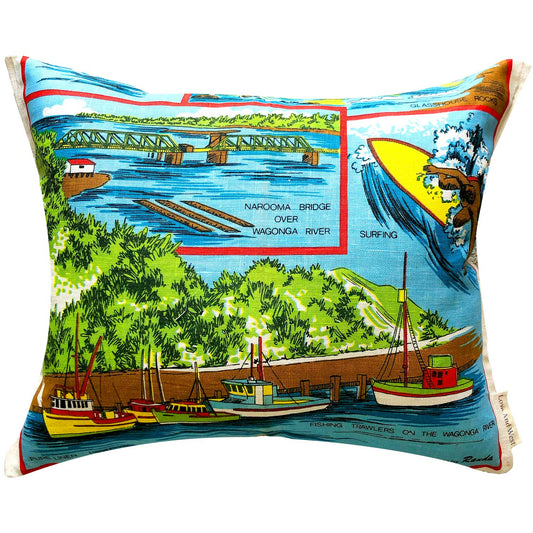 Greetings from Narooma South Coast NSW teatowel cushion cover on white background for Love And West