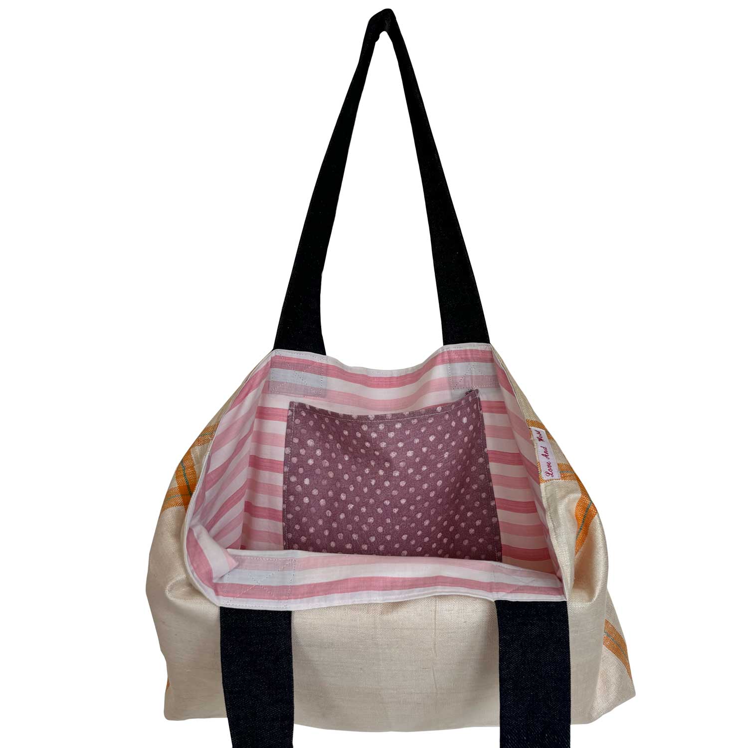 Natural linen teatowel tote bag with orange and turquoise band on white background with stripe lining and spot pocket visible
