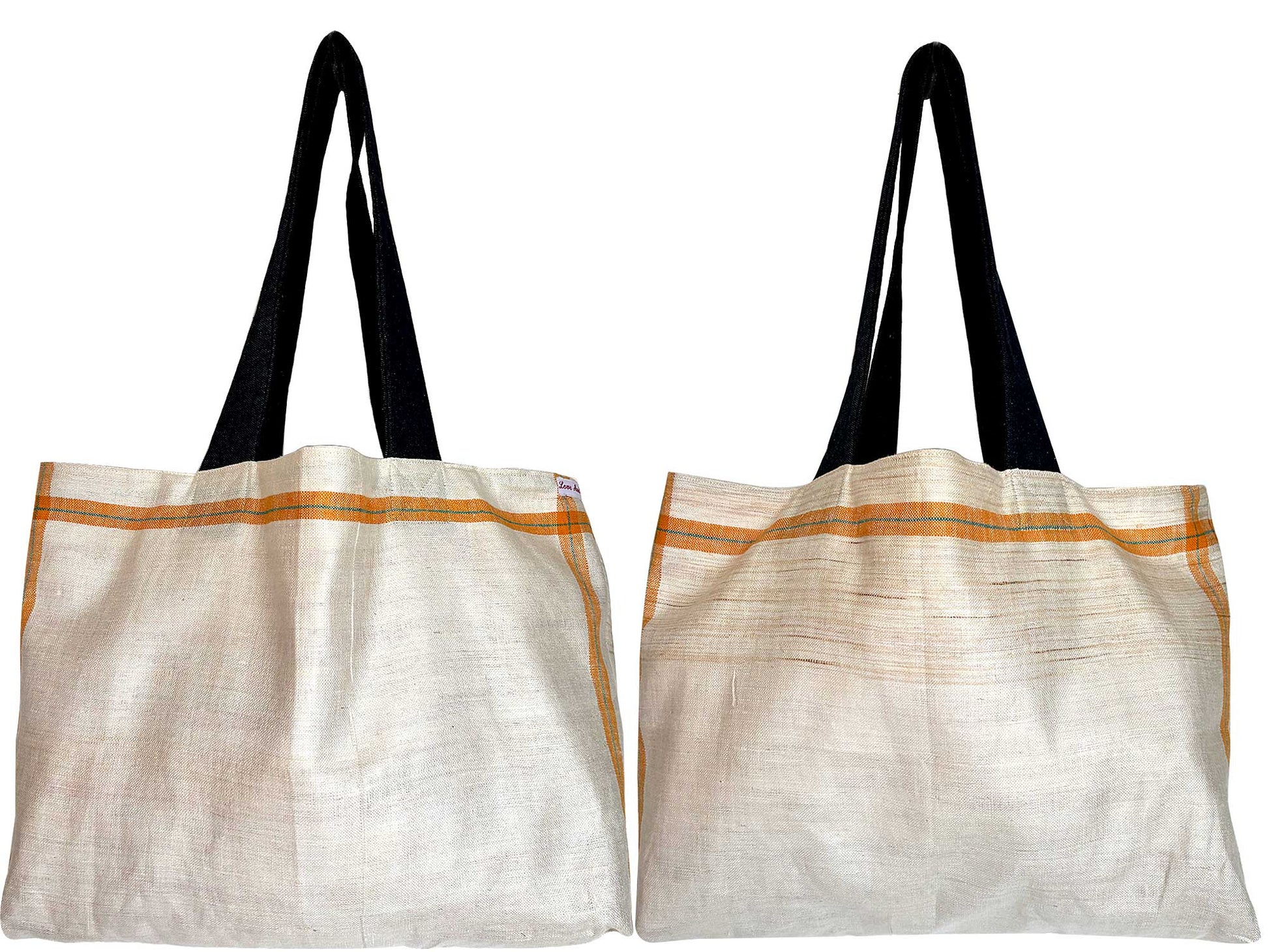 Natural linen teatowel tote bag with orange and turquoise band on white background