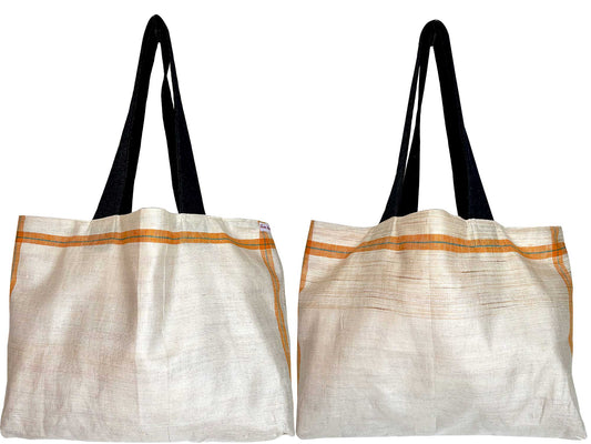 Natural linen teatowel tote bag with orange and turquoise band on white background
