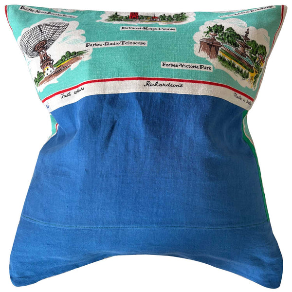 Vintage north west NSW vintage souvenir teatowel pillow reverse on a white background