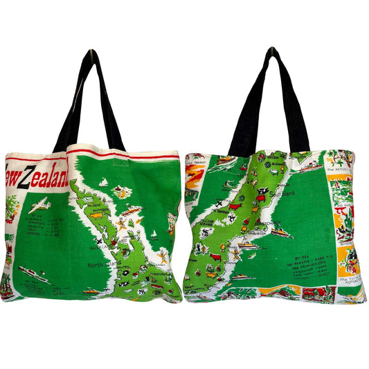 New Zealand map linen teatowel tote on white background