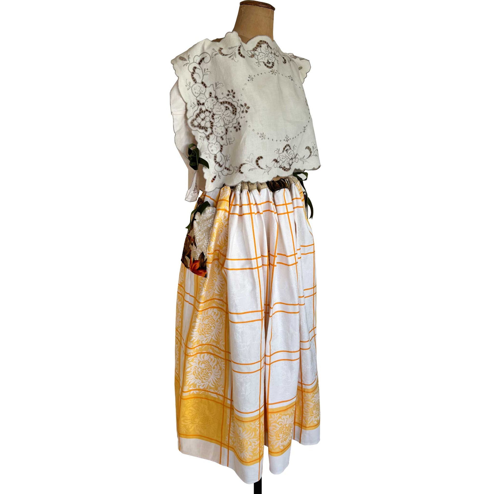 Orange and white woven damask maxi skirt on vintage mannequin, with linen doily hand made top for Love And West