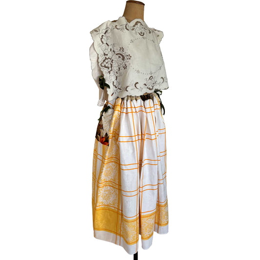 Orange and white woven damask maxi skirt on vintage mannequin, with linen doily hand made top for Love And West