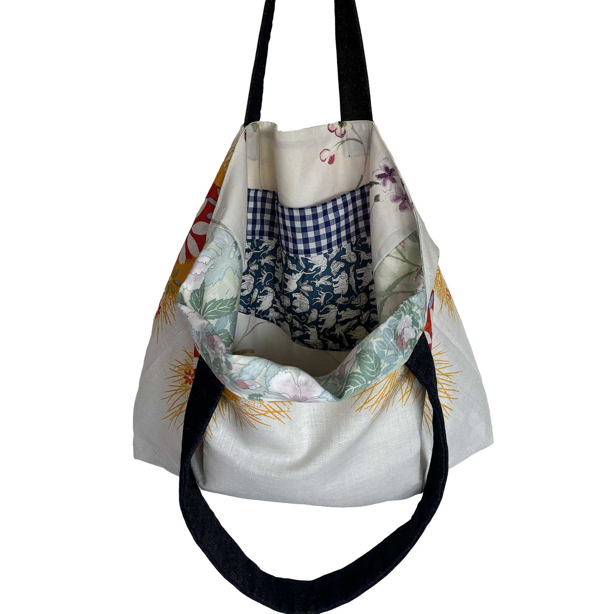 Orange floral vintage linen teatowel tote interior lining and pocket on white background