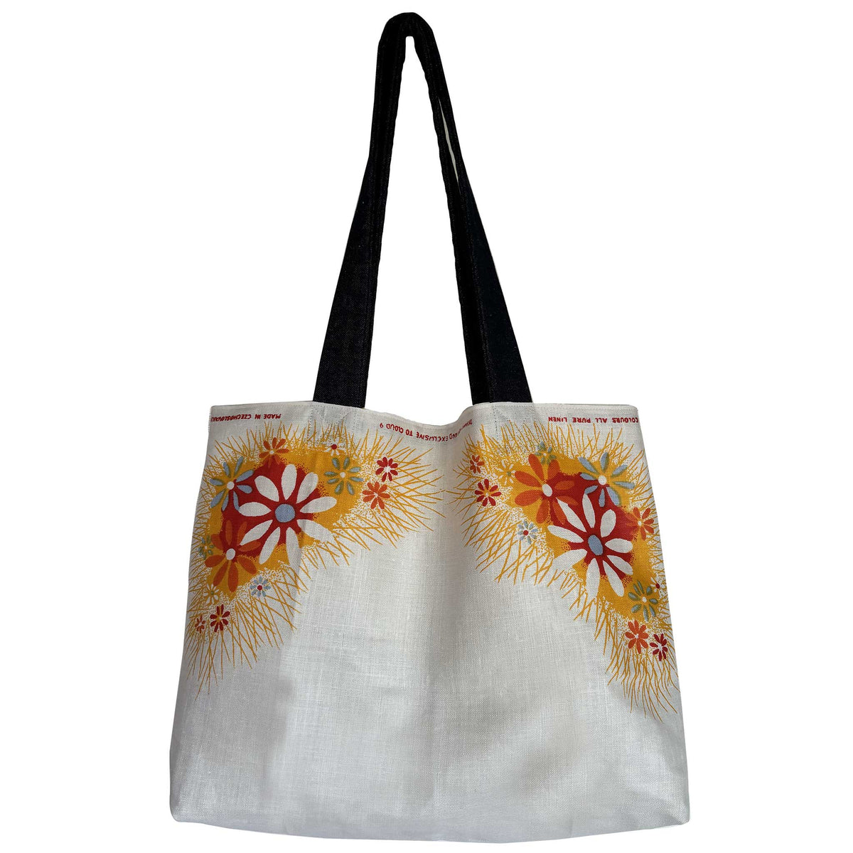 Orange floral vintage linen teatowel tote on white background
